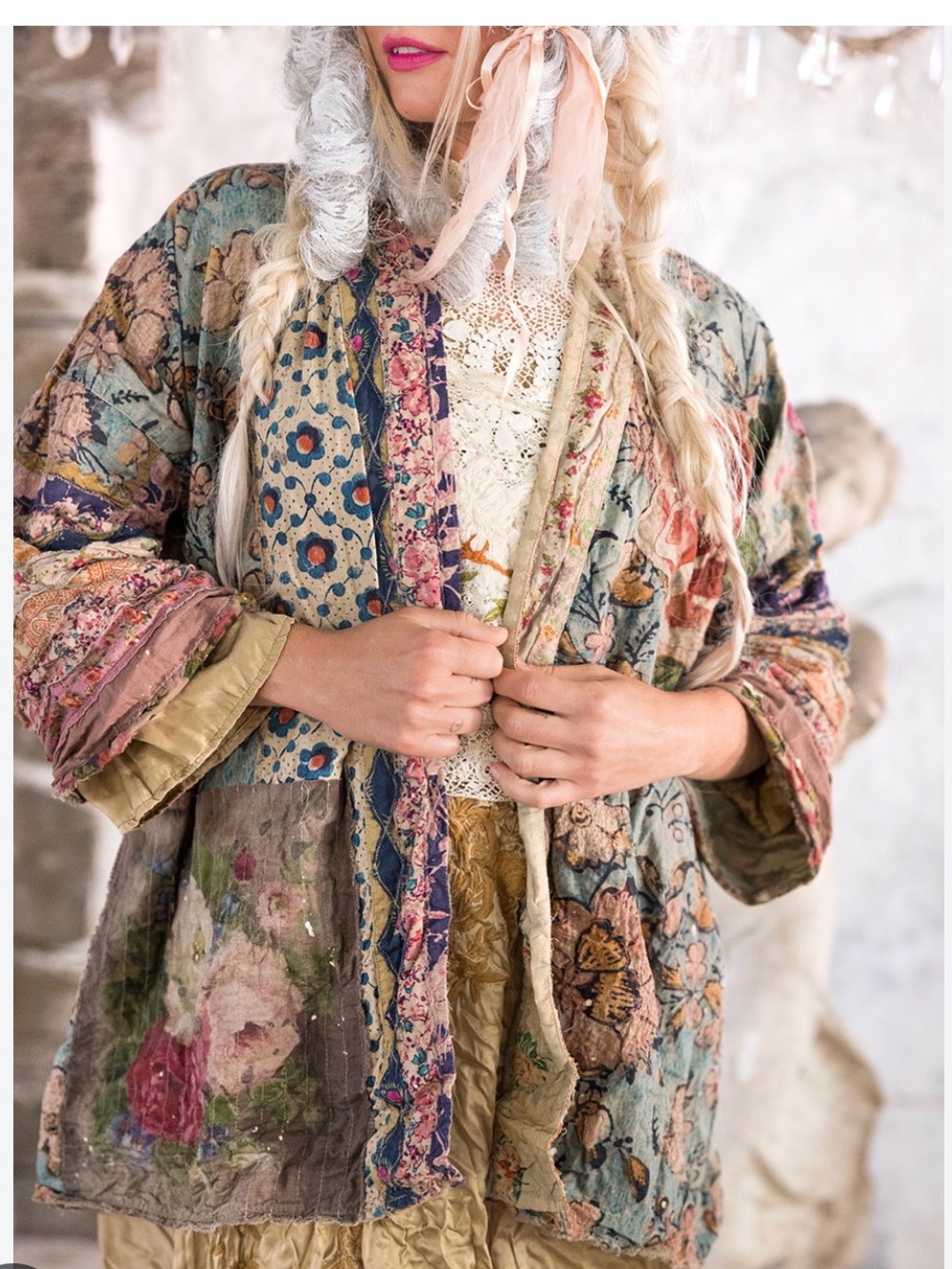Magnolia Pearl Versailles Julian Kimono Jacket, Teal, pink, maroon and cream.